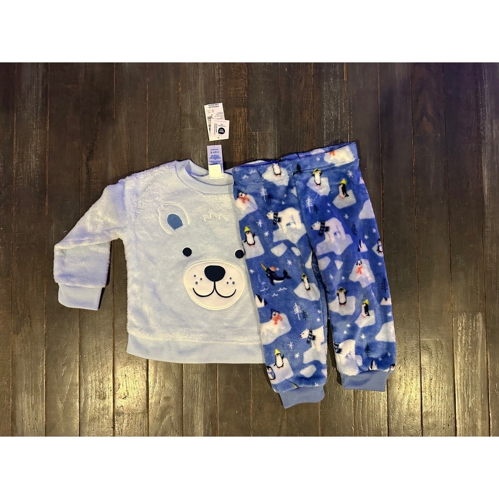 PJ Place Boys Polar Bear Fleece Pajama Set Blue Winter Penguin Narwhal 12-18M